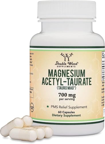 Magnesium Acetyl-Taurate (ATA MG TauroMag) Novel and Patented Form of Magnesium for PMS and Cramp Relief (60 Capsules 350mg) PMS Relief Magnesium Supplement by Double Wood Supplements