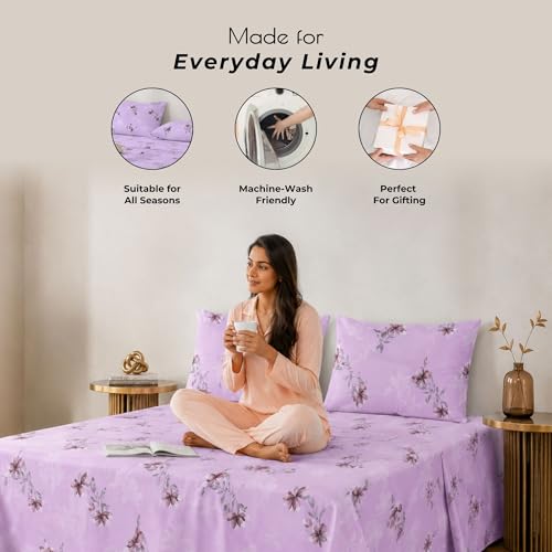 Image of Cotton King Size Bedsheet 104x108 Super King, 100% Pure Cotton Bed Sheet with 2 Pillow Covers, 240 TC Soft Breathable Floral Design Bedding - (Velvet Bloom, Super King)