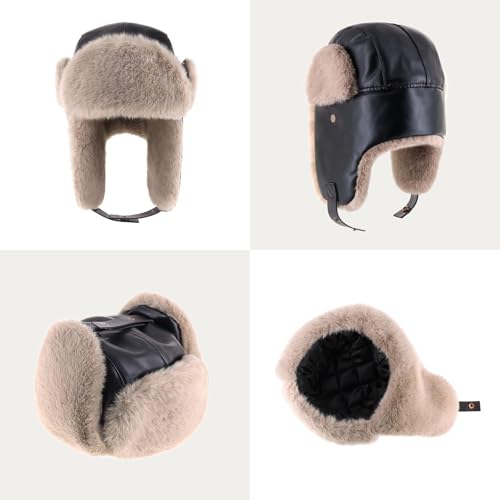 Image of Leather Trapper Hat, Faux Fur Lined Winter Aviator Cap for Women and Men