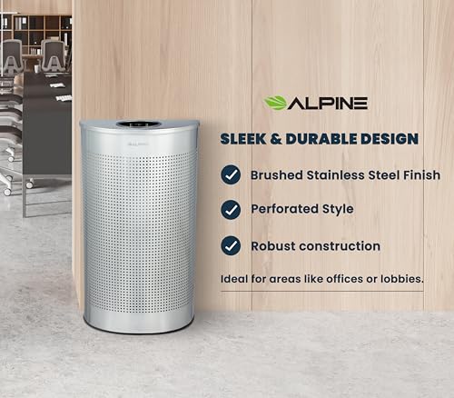 Image of Alpine Half Round Trash Can Open Top - Modern 12 Gallon Stainless Steel Space Saving Indoor Commercial Trash Can, Narrow Garbage Can for Bathroom. Office, Lobby and Business.