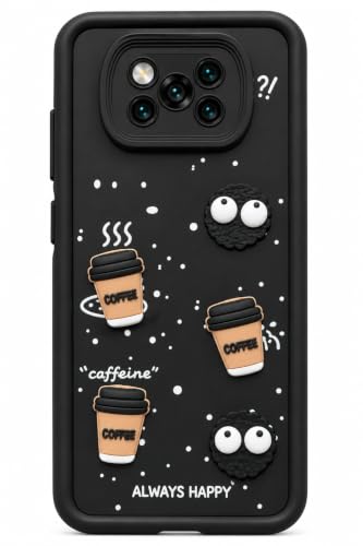 Image of Bintage Back Cover Compatible for Poco X3 / Poco X3 Pro | Cute Fun Ball | 3D Taddy Smiley Coffee | Milk Case | Full Body Protection - Black