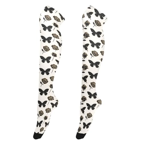 Thigh High Sock Retro Style for Models calcetas largas escolares para ni?as Fashion Black Gold Rose Flower Butterfly2