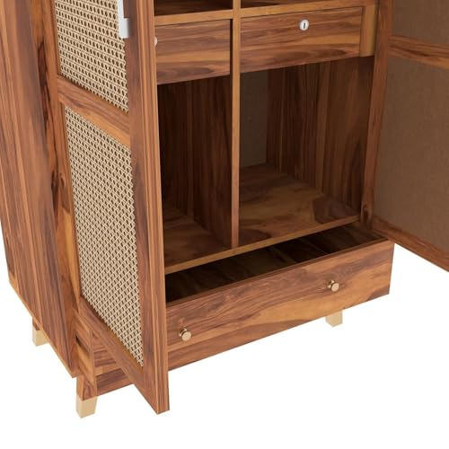 Image of Solid Sheesham Wood 2 Door Wardrobe with Rattan Cane Work & 3 Drawer | Rosewood Almirah for Bedroom Storage (Natural Finish)