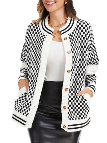 Women's Oversized Checkered Cardigan, 2025 Fall Button Down Checkerboard Knit Sweater Streetwear with Pockets3