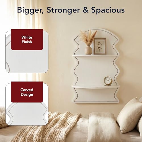 Image of American Art Decor White Wavy Arched Lunar Ledges Wall Shelf, Wooden 2-Tier Floating Bookshelf for Wall, Carved Fluted Arch Display Shelf for Bedroom Bathroom Kitchen Living Room Decor, 14 inch x 24 inch
