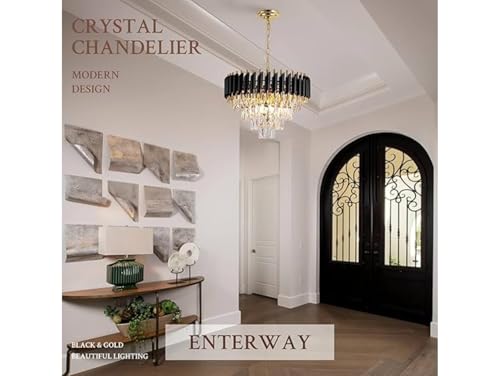 Image of Modern 4-Tiers Crystal Pendant Light Black Gold Round Ceiling Light Fixture (Antique, 500mm), 3 Colors Led Plate Included Warm White, Natural Light, Chandelier Light (L-50*B-50*H-75 Cm) F