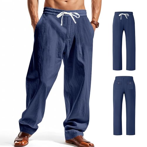 Mens Linen Pants Straight-Legs Beach Pants Elastic Waist Summer Drawstring Lightweight Casual Trousers with Pockets3