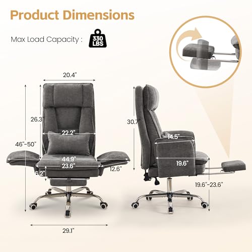 Image of Big and Tall Office Chair, Footrest & Flip Armrest for Pets, Light Grey