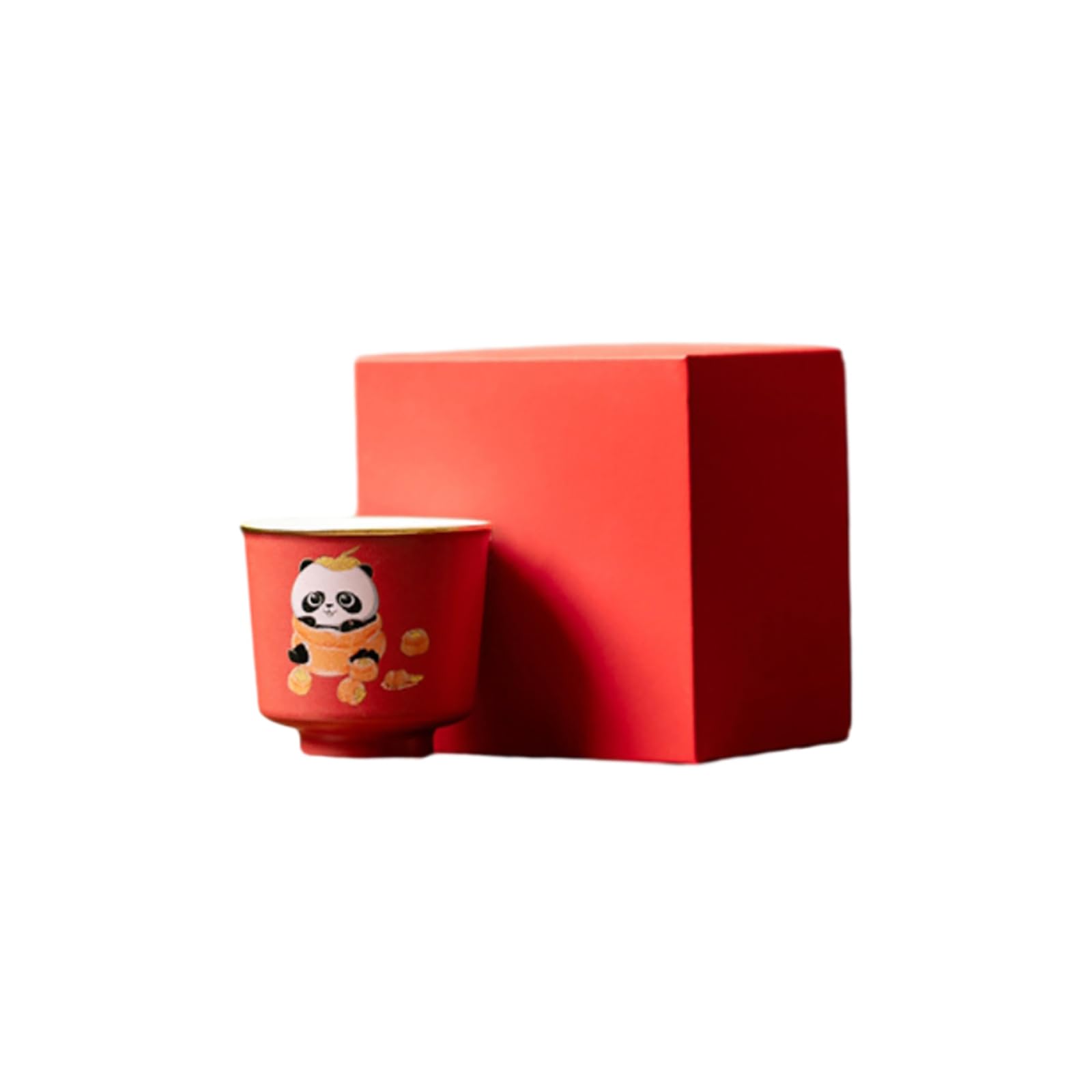 Tasse à thé panda en céramique artisanale dans sa boîte rouge rétro