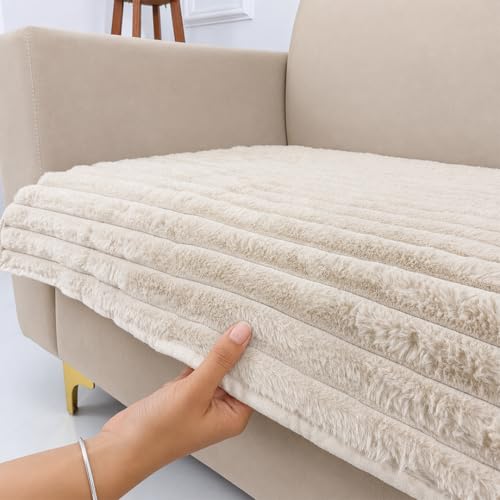 Image of Homerz Premium Rabbit Fur Sofa Cover with Anti-Skid Backing, Soft Plush Fabric Sofa Protector for Living Room Furniture (Beige, 7 (3+2+2) Seater, Only Seat Cover)