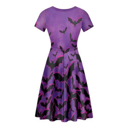 Image of Forchrinse Womens Halloween Bats Dress Causal Elegant Party Midi Dresses Plus Size Short Sleeve A Line Flared Swing Dress Skater Summer Sundress,S-4XL