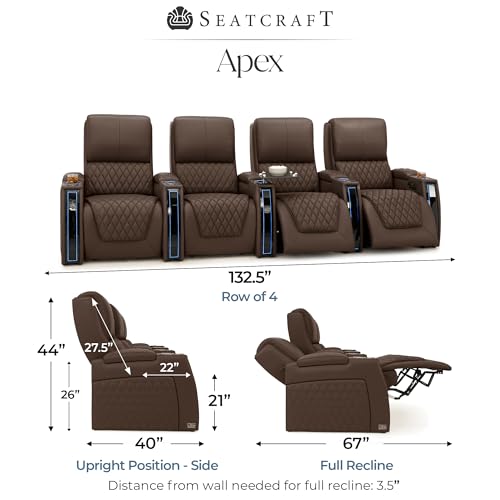 Image of Seatcraft Apex Brown Italian Leather Home Theater Seating, Zero Gravity Power Recliner, Powered Headrest and Lumbar Gaming and Home Office Chair, Lounge Sofa Furniture for Cinema Room, Row of 4