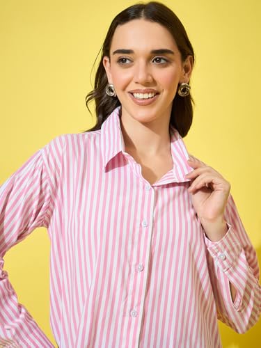 Image of DIMPY GARMENTS Women's Cotton Striped Oversized Long Sleeve Button-Down Shirt