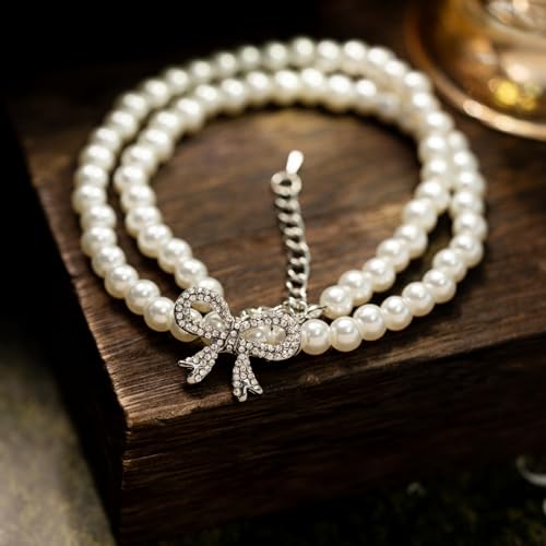 Bow Necklace Boho Butterfly Trendy Dainty Choker Sparkly 5MM Fake String Of Pearls Nice Chunky Short Crystal Rhinestone Bow Butterfly Pendant Necklace for Women Wedding BirthdayProm Party Bar4