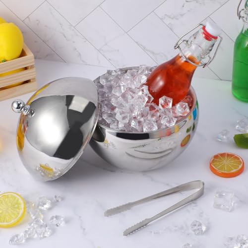 NUOBESTY Double Walled Ice Bucket with Lid and Tongs Stainless Steel Insulated Beverage Bucket for Wine Beer Juice Bar Parties Home Entertaining Spherical Shape 7.67 X 6.57 X 6.57 in by NUOBESTY - Used condition - Image 3