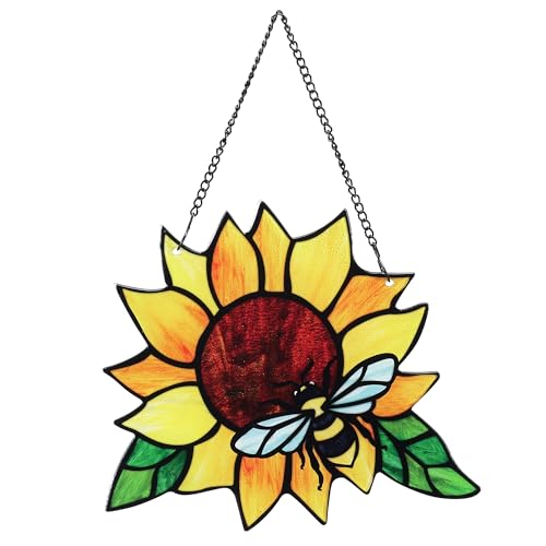 MYCRLIFE Stained Glass Suncatcher, Sunflower and Ladybug Window Hanging, Hand-Painted (Style 3)