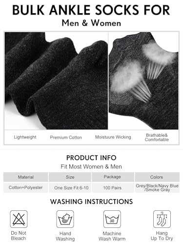 Image of Tarpop 100 Pairs Bulk Mens Socks Moisture Wicking Casual Sports Ankle Socks for Homeless Unisex Adult Men Women