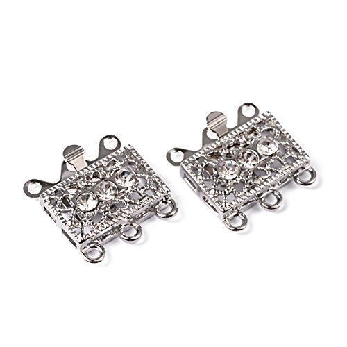 Pandahall 2Sets Metal Tone Brass Rhinestone Clasps Multi-Strand Box Clasps 3-Strand Rectangle Filigree Clasps Jewelry Findings 18x17x1.5mm Platinum