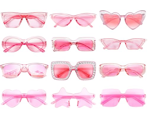 SUNOVELTIES 12 Mixed Clear Pink Style Sunglasses Retro Party Favors Bulk Classic Eyewear Costume Glasses for Women