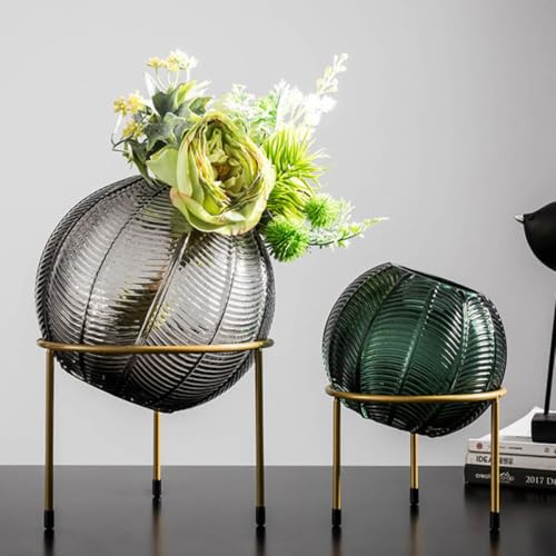 Vase en verre transparent anti basculement support fer vert