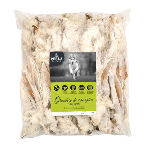 Perla PetFood - Snack per cani - Orecchie di coniglio con pelo - Alimento naturale carne essiccata 100% italiana senza conservanti - Alto contenuto di proteine - Snack BARF 1000 gr