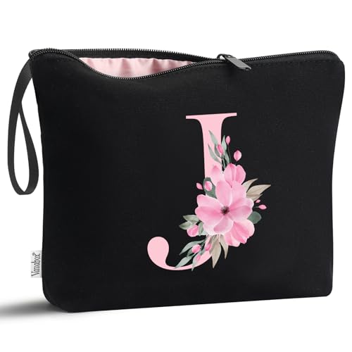 Image of Vavabox A-Z Personalized Makeup Bag, Birthday Gifts for Women Mom, Gifts for Best Friend, Bride Bridesmaid Cosmetic bag (J, 02-Black)