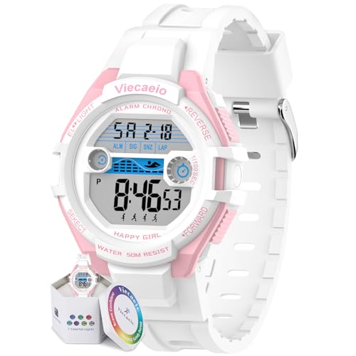 Viecasia Girls Digital Watch,Colorful Lights, Alarm,Sports Timekeeping, Waterproof 50 Meters, Impact Resistant, Gift for 5-17 Years Old Kids (White/Pink)