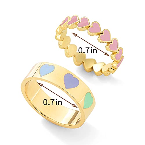 Yooestores82 2Pcs Colorful Heart Ring Gold Band Rings Set For Women Girl Couple. Cute Love Heart Plain Stackable Finger Ring Wedding Love Promise Ring (Color+Pink) #TOP3