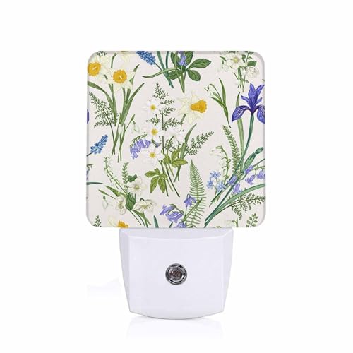 Image of LED Night Light,Vintage Floral Pattern LED Night Light Plug into Wall with Dusk to Dawn Light Sensor White Energy Efficient Nightlight for Bedroom Bathroom Hallway Living Room Kitchen