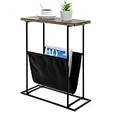 MyGift 21-Inch Modern Narrow Living Room End Table with Hand Torched Solid Wood Tabletop and Black Metal Frame, Bedroom Nightstand Side Table with Magazine Holder Sling