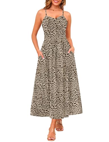 Image of Annebouti Women 2026 Summer Spring Ruched Maxi Dress Adjustable Spaghetti Strap Floral Beach Long Sundress with Pockets