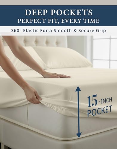 Image of LANE LINEN King Bed Sheet Set 100% Egyptian Cotton Sateen - Ivory | King Size Cotton Sheets - 4-Piece Set, For A Luxurious Night's Sleep, For Guests And Everyday Use, Luxe Sheen,