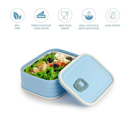 Image of CELLO Fresh Pack Large Stainless Steel Insulated Lunch Box for Office & Daily Use, Sky Blue | Food Grade, Microwave Safe Airtight Hot Case Tiffin Meal Snacks Lunch Box for Kids, Travel & Picnic