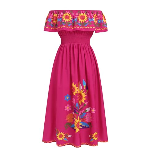 Image of ABEHIK Mexican Dresses for Women Traditional Off Shoulder Summer Floral Sunflower Fiesta Long Maxi Dress Cinco de Mayo Outfit