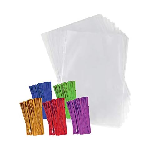 Purple Q Crafts Clear Plastic Cellophane Bags with 4" Colored Twist Ties for Gifts Party Favors (4"x6" 100 Pack) Cover