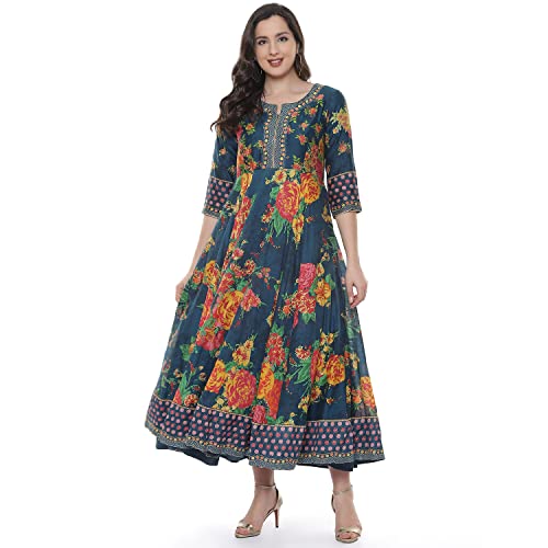 Image of BIBA Women's Fit and Flare Cotton Flared Fusion Printed Below The Knee Dress