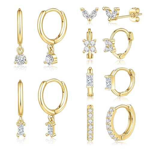 6 Pairs Earring Stacks 14k Gold Plated Gold Hoop Studs Earrings Cartilage Earring Stacks Hypoallergenic Earring Sets Trendy Fashion Jewelry