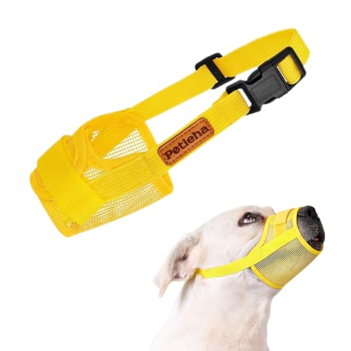 Image of Dog Muzzle, Breathable Mesh for Grooming & Nail Care, Yellow, S | Adjustable head and snout straps, quick-release buckle, soft padded edges