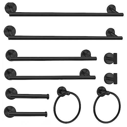 Cilee Conjunto de ferragens de banheiro preto fosco de 10 peças, pacote com 2 acessórios de banheiro com 5 peças, inclui suporte de papel higiênico de 61 cm, 40 cm, barra de toalha, anel de toalha,