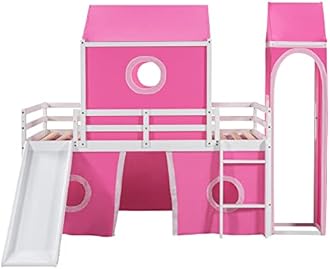 Harper & Bright Designs Twin Loft Bed with Slide & Curtains and Tower, Solid Wood Low Loft Bed Frame with Tent, Twin Floor Bunk Bed for Kids Girls Boys (Pink)
