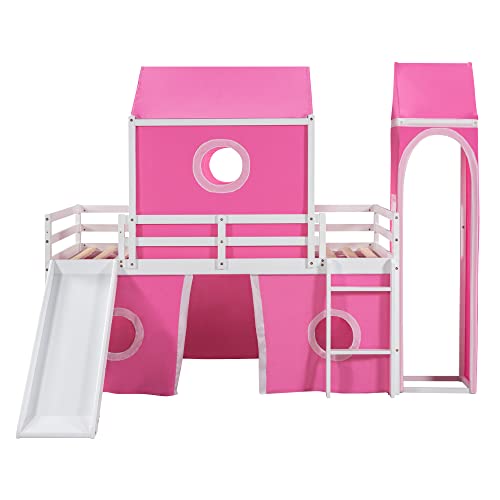 Harper & Bright Designs Twin Loft Bed with Slide & Curtains and Tower, Solid Wood Low Loft Bed Frame with Tent, Twin Floor Bunk Bed for Kids Girls Boys (Pink)