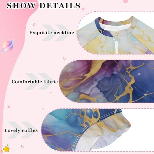 Girls One Piece Swimsuits Long Sleeve Swimsuit Zipper Bathing Suits Purple Marble Gold Fluid Blue3
