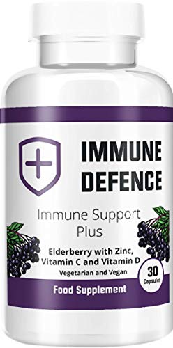 Immune Defence: Immune Support Plus - Vegan Supplement with Elderberry, Zinc, Vitamin C, Vitamin D and Lysine - 30 Capsules - Powerful Immune Support with Antioxidants - Ages 12 and Up