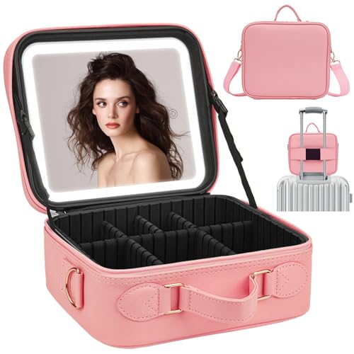 ViKert Travel Makeup Bag with Light Up Mirror,Makeup Travel Case with adjustable dividers,Waterproof Makeup Train Case,lighted Makeup Case with Detachable Mirror