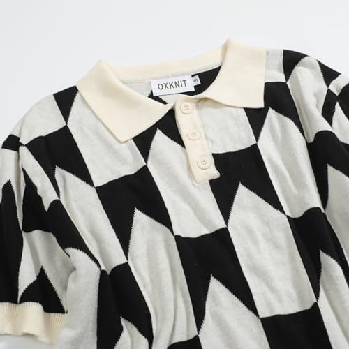 Men's Knitted Vintage Polo Shirt, 1960s Mod Style Retro Polo Black White Pattern Shirt with V-Neck3