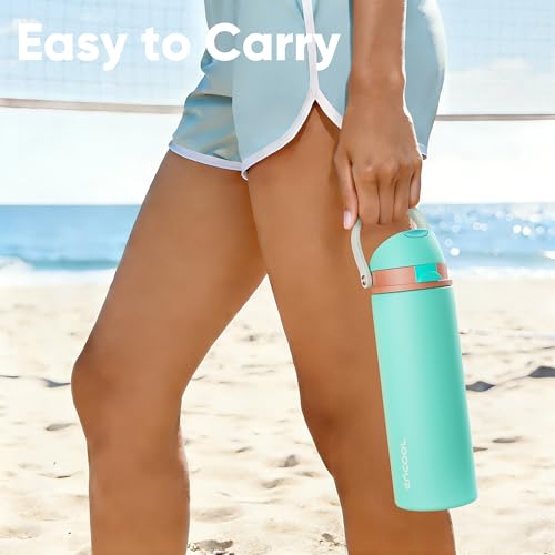 Image of Insulated Water Bottle with Straw - Encool Stainless Steel Water Bottle with Push Button Lid, Leak-Proof & BPA-Free, Keeps Cold for 24 Hours for Sports, Travel, Gym (32 oz, Turquoise)