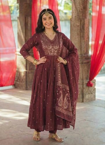 Image of GoSriKi Rust Anarkali Kurta Set for Women with Dupatta | Cotton Kurti Set for Woman | Embroidered Anarkali Suit for Women Kurti Pant Set with Dupatta | Suit Set for Women Latest
