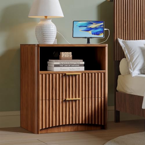 Image of Evermagin Fluted Nightstand Set of 2 with Charging Station, Walnut Bedside Table with 2 Drawers, Wood End Table with Storage Mid Century Modern, Large Night Stand for Bedroom