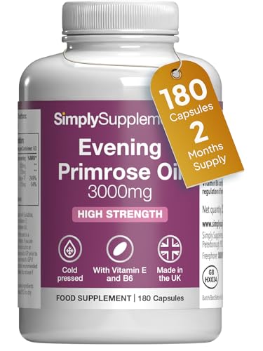 Evening Primrose Oil 3000mg Capsules | Supports Hormonal Balance & Healthy Skin | with Added Vitamins B6 & E | 180 Softgels Capsules = 2 Months Supply | GMP-Certified & UK-Made