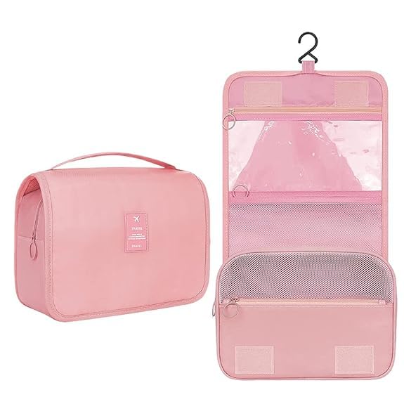 Image of CAVALO - Be Unique Nylon Polyester Large Capacity Portable Travel Toiletry Bag with Hanging Hook Waterproof Cosmetic Case Makeup Pouch Dopp Kit for Men Women with Carry Handle (Pink)